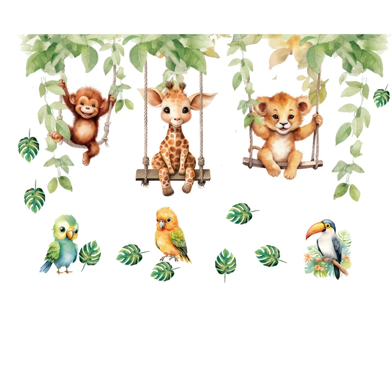 Cute Animals Swing Wall Stickers Kids Bedroom Decoration Diy Cartoon Monkey Giraffe Lion Safari Mural Art Pvc Posters Home Decal