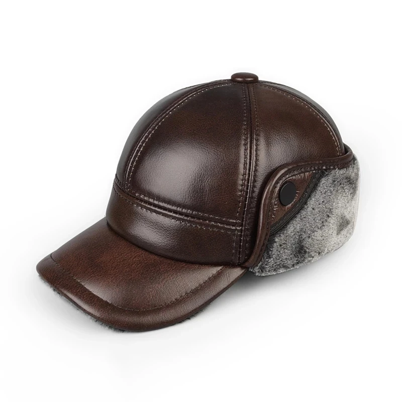 High Quality Genuine Leather Hats Winter First Layer Cowhide Warm Earmuffs Bomber Caps Plus Velvet Thicken Man Bone Caps Dad Hat