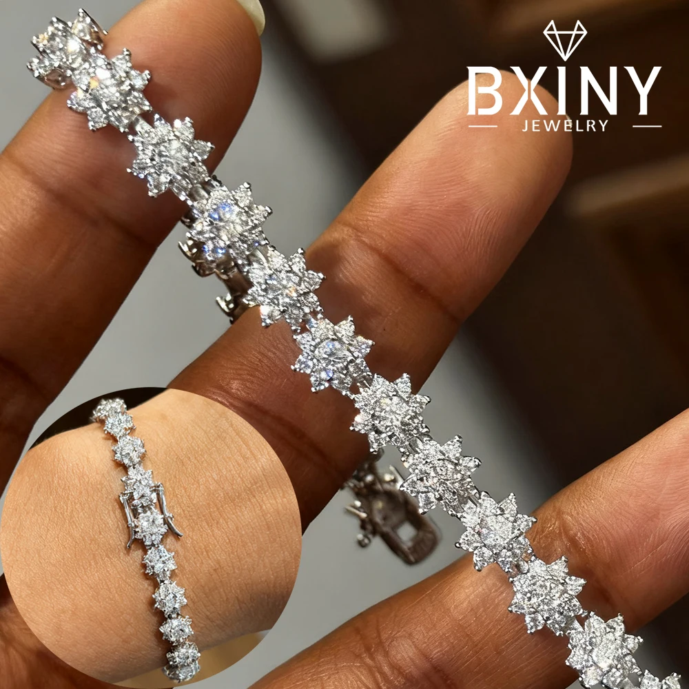 

BXINY все муассанитовый теннисный браслет из стерлингового серебра 925 пробы, сертифицированный лабораторный бриллиант в форме цветка, ручная цепочка для женщин, свадебные украшения