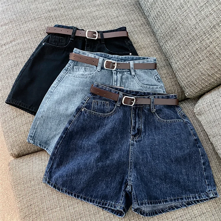 Women Vintage Washed Denim Shorts High Waist Loose Wide Leg A-Line Cut Casual Summer Jean Shorts