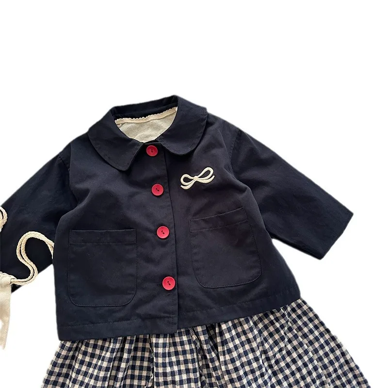 2025 Autumn New Product Children's Embroidered Bow Collar Red Button Cotton Coat