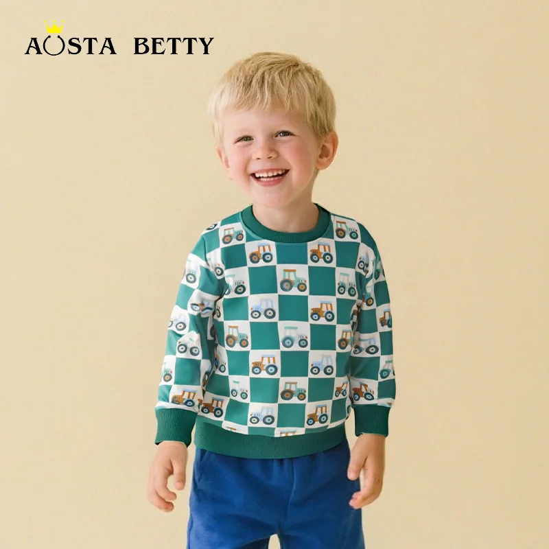 

Осенняя толстовка из полиэстера для мальчиков — модный клетчатый пуловер с принтом автомобиля, детский спортивный топ на открытом воздухе