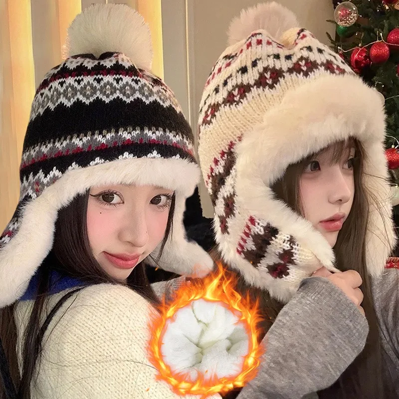 

Fashion Winter Warm Thick Windproof Ear Protection Cap for Women Men Harajuku Soft Knitted Fluzzy Russain Fur Pompom Bomber Hat