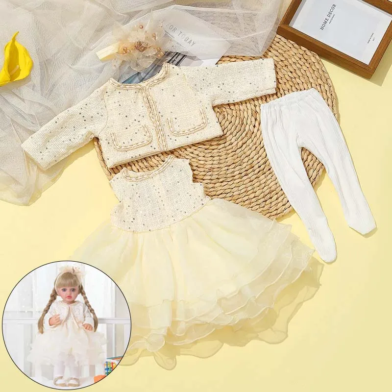 Doll Clothes for 55cm Born Baby Doll Clothes Tiered Yarn Dress Set for 21.65in Baby New Reborn Doll Accessories Children Clothes