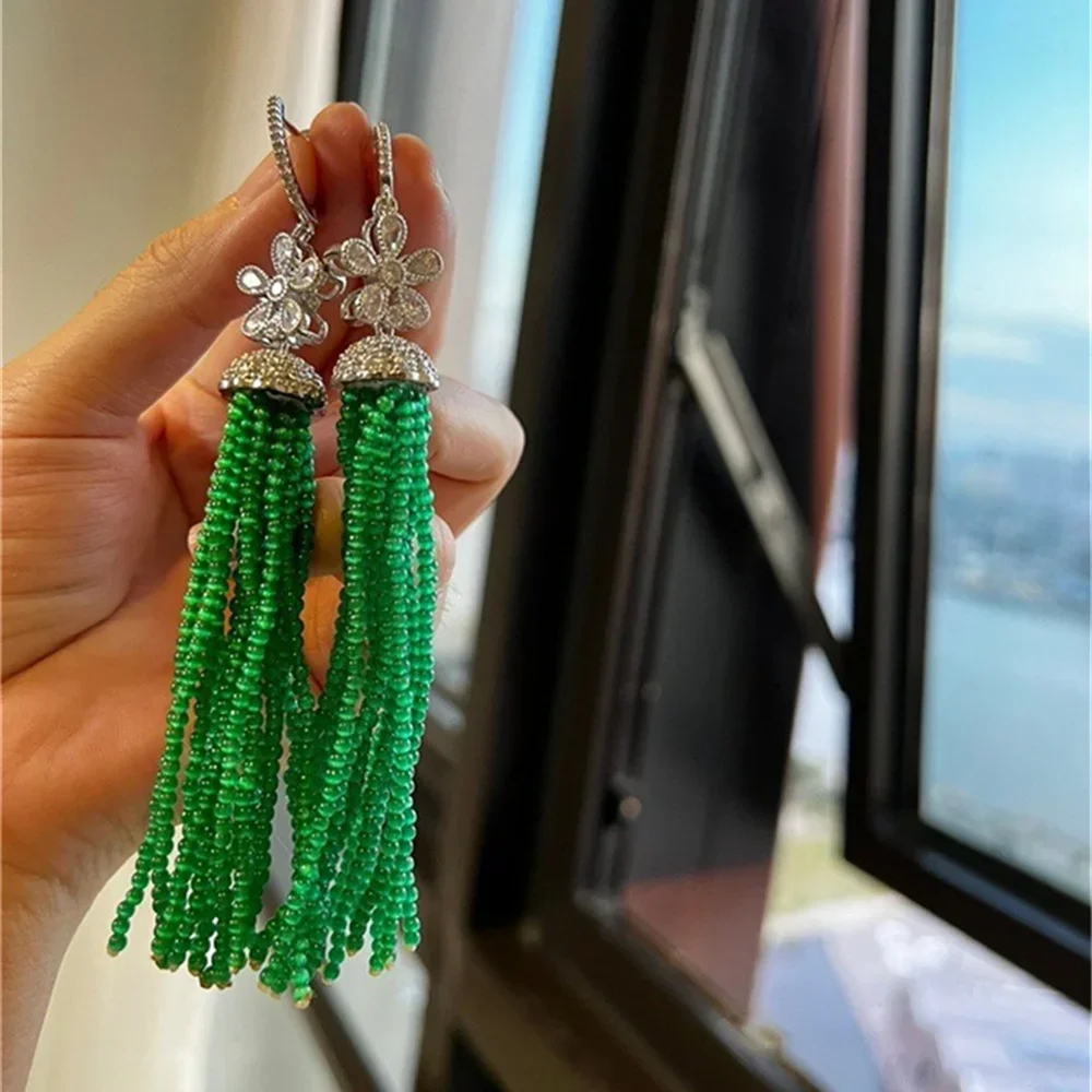 

Luxury CZ Zircon Cat Eyes Crystal Beads Tassel Earrings Handmade Beaded Petal Flower for Women Manmade Crystal Emerald Color