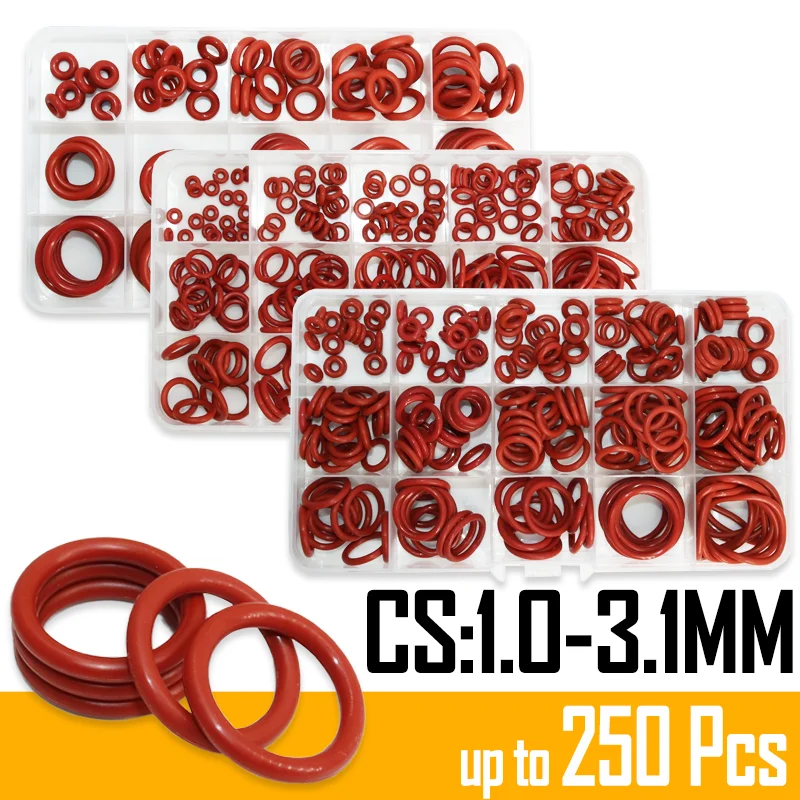 Red Silicone O Rings 250-100Pcs O-Rings Red Silicone VMQ Seal Sealing O-Rings Silicon Washer Rubber O-Ring Assortment Kit Set