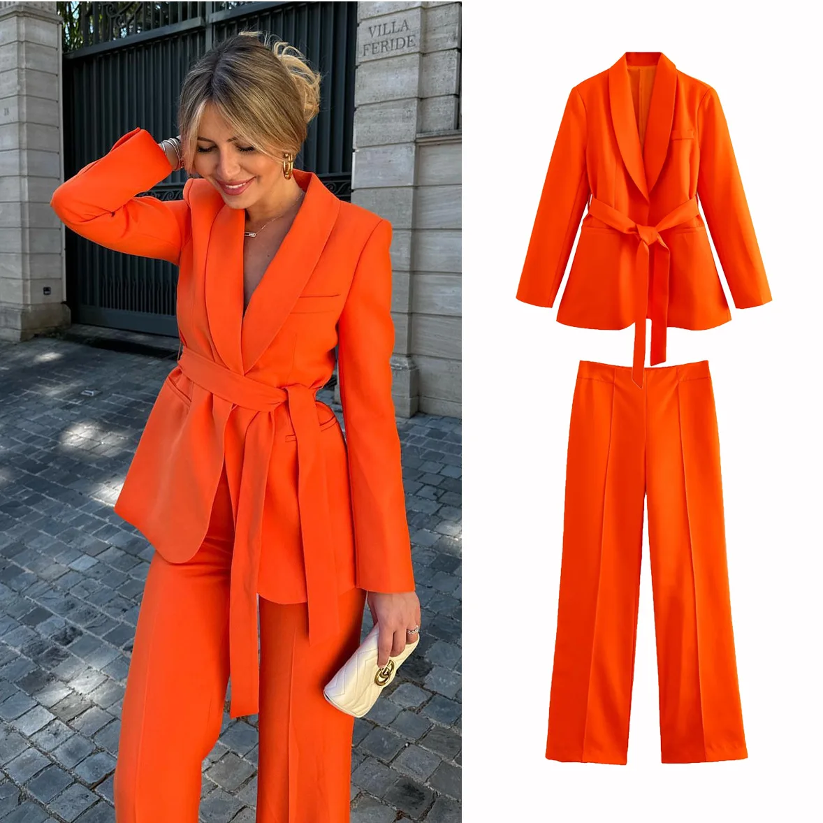 

Woman's Bow Belt Blazer Pants Suit Lapel Long Sleeve Slim Jacket Coat High Waist Vertical Straight Leg Pants New Female Chic Set