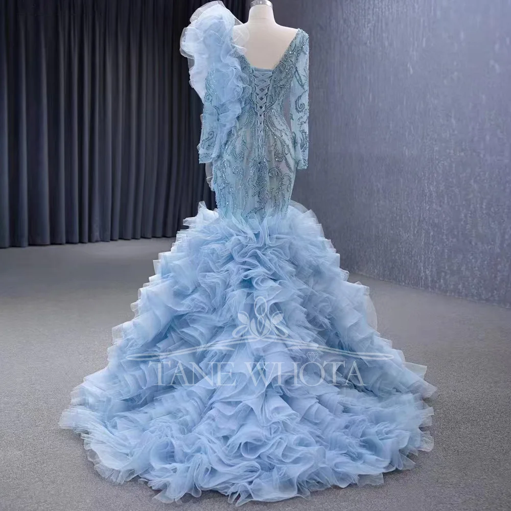 Blue Prom Dress Customizable Lace-Up Back Beaded Embroidery Sheath Gown O-Neck Long Sleeve Evening Custom Fit