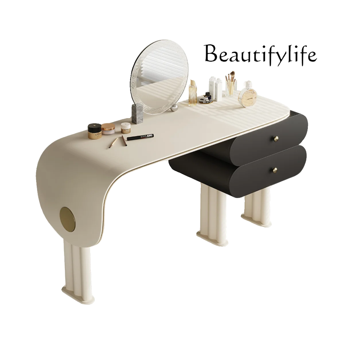 

Cream Wind Minimalist Saddle Leather Dresser Bedroom Storage Cabinet Makeup Table Integrated