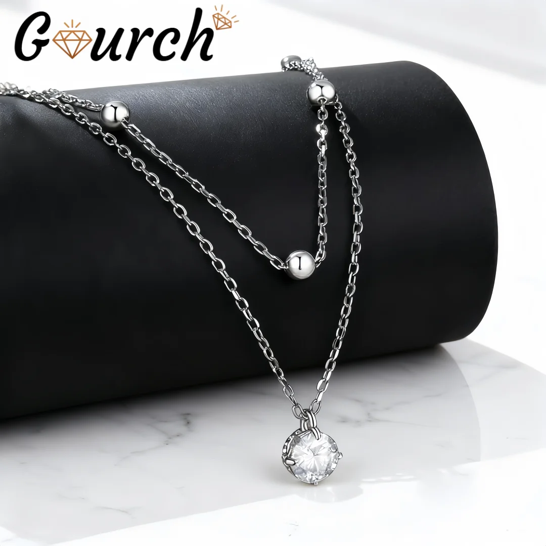 

Gourch New Double Layer Moissanite Necklace S925 Sterling Silver Light Luxury Elegant Collarbone Chain Jewelry Gifts for Women