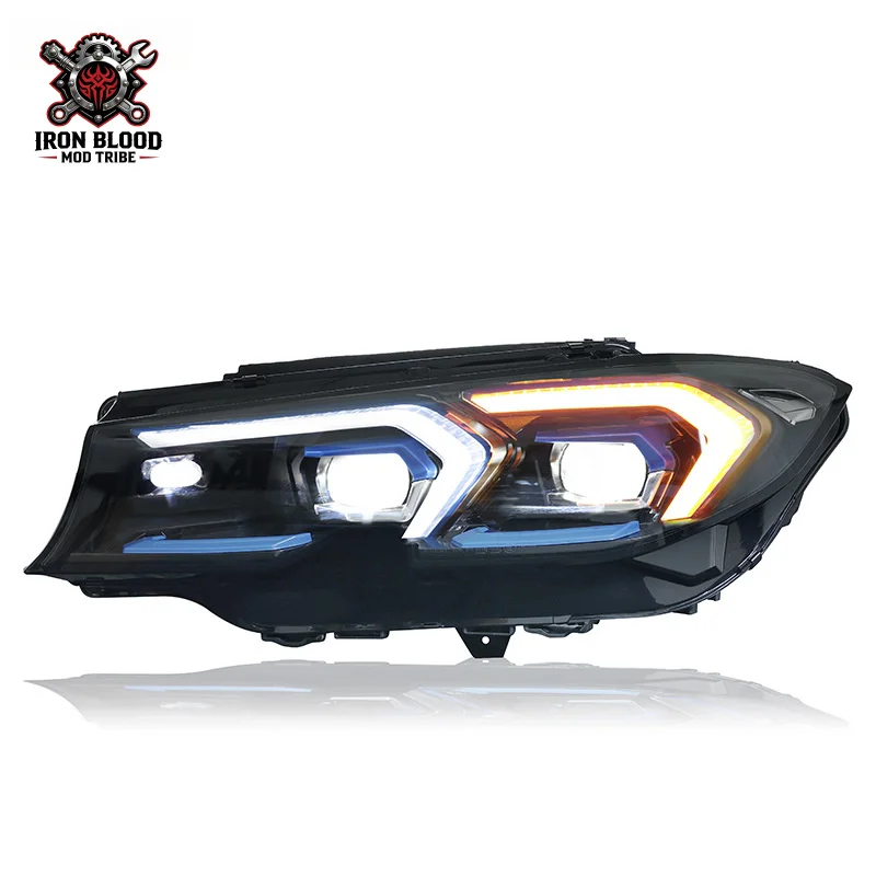 Suitable for 2020-2022 BMW 3 Series G20 headlight assembly modification with blue frame LED lens, daytime running lights, and se