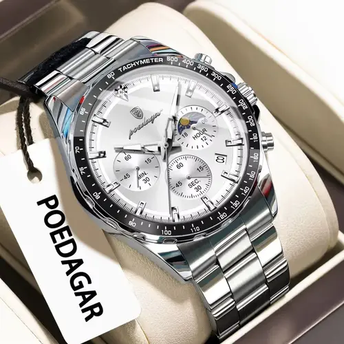 Imagen 2 del producto POEDAGAR, relojes de cuarzo a la moda para hombre, reloj de pulsera luminoso resistente al agua de acero inoxidable para hombre, cronógrafo con fecha, reloj de pulsera militar para hombre