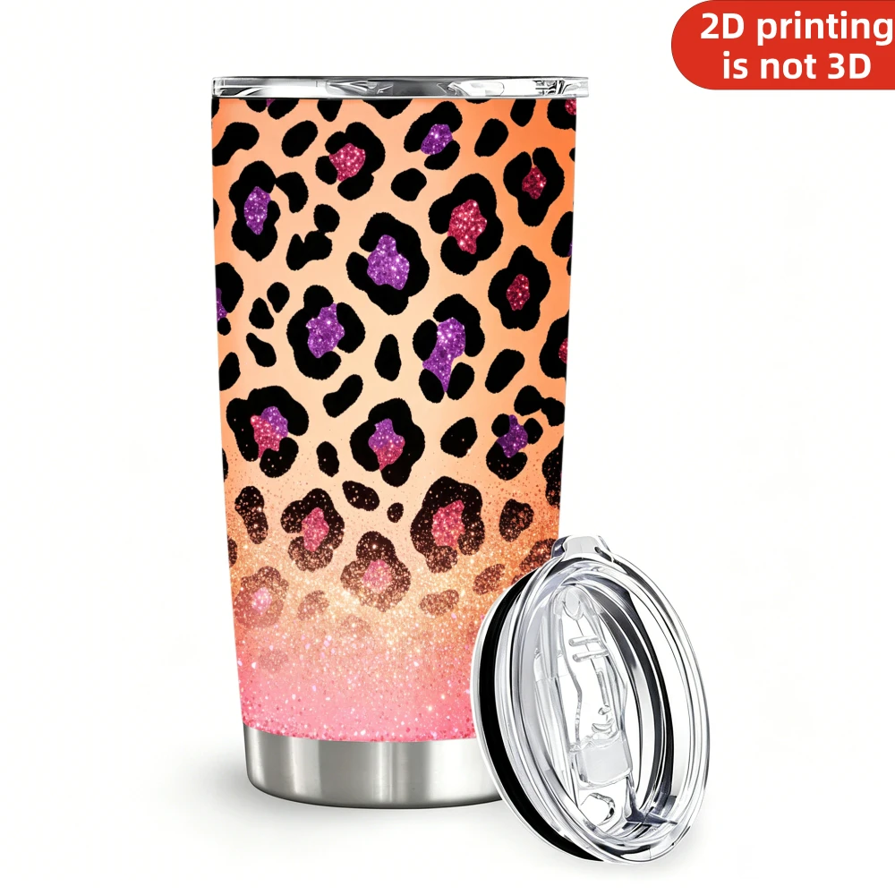 20oz Peach Pink Purple Glitter Leopard Print Stainless Steel Tumbler with Lid and Straw, Sunset Coral Sparkle Ombre Vacuum Insulated Travel Coffee Mug Gifts
