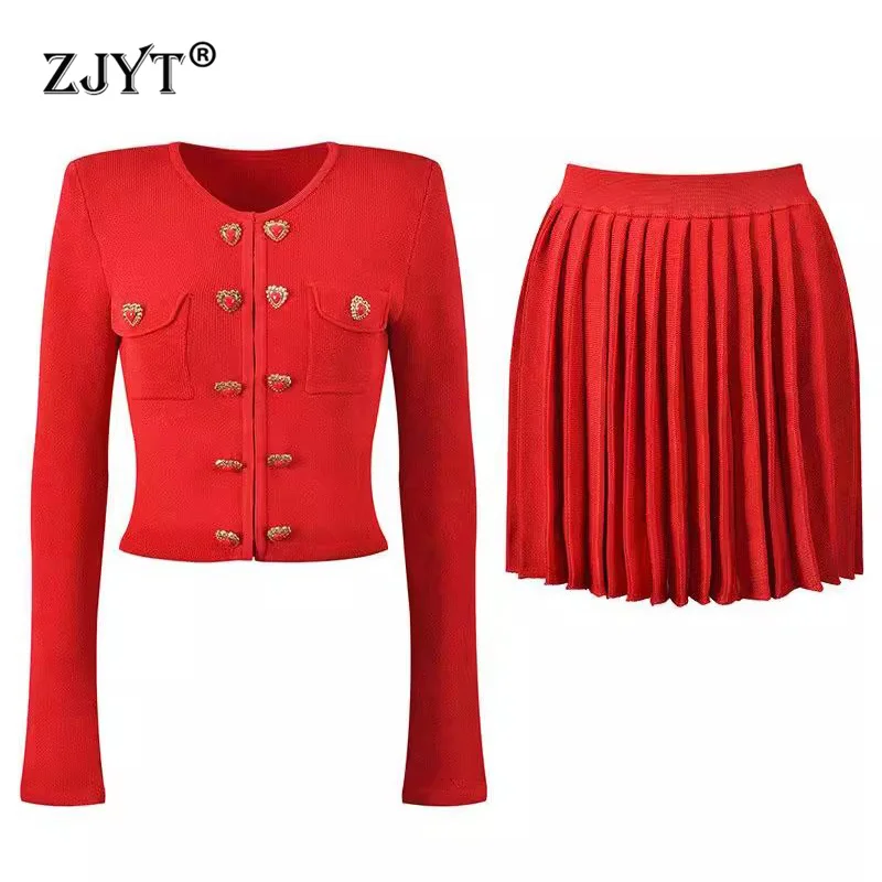 

ZJYT Fashion Spring 2025 Long Sleeve Sweater Pleated Skirt Set 2 Pieces Womens Outfit Knitting Dress Sets Office Party Suits