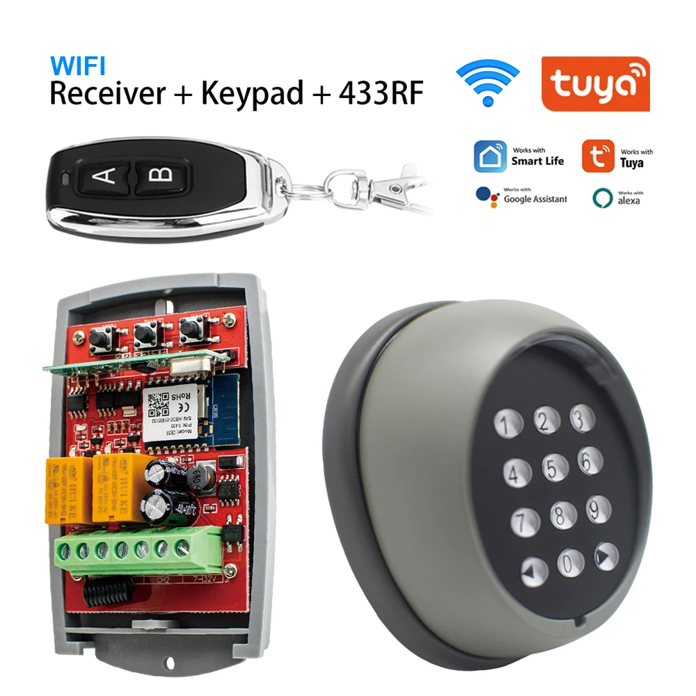 Tuya WIFI Smart Garage Door Receiver and 433MHz RF/Keypad Control your Garage Door 2 Channel Switch AC/DC 7-32V 85-250V For 433