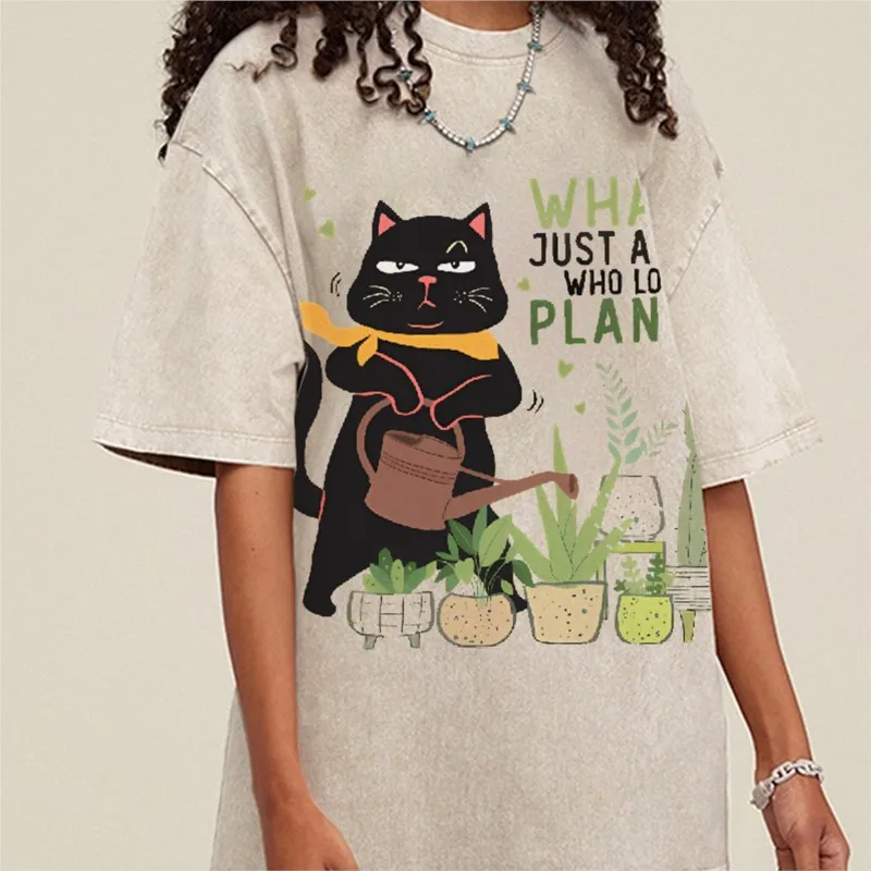

Fresh Flower Black Cat Print T-Shirt Pure Cotton Men's Washed Tee Blouse Clothing Women's Short Sleeved Oversized Shirts Tops