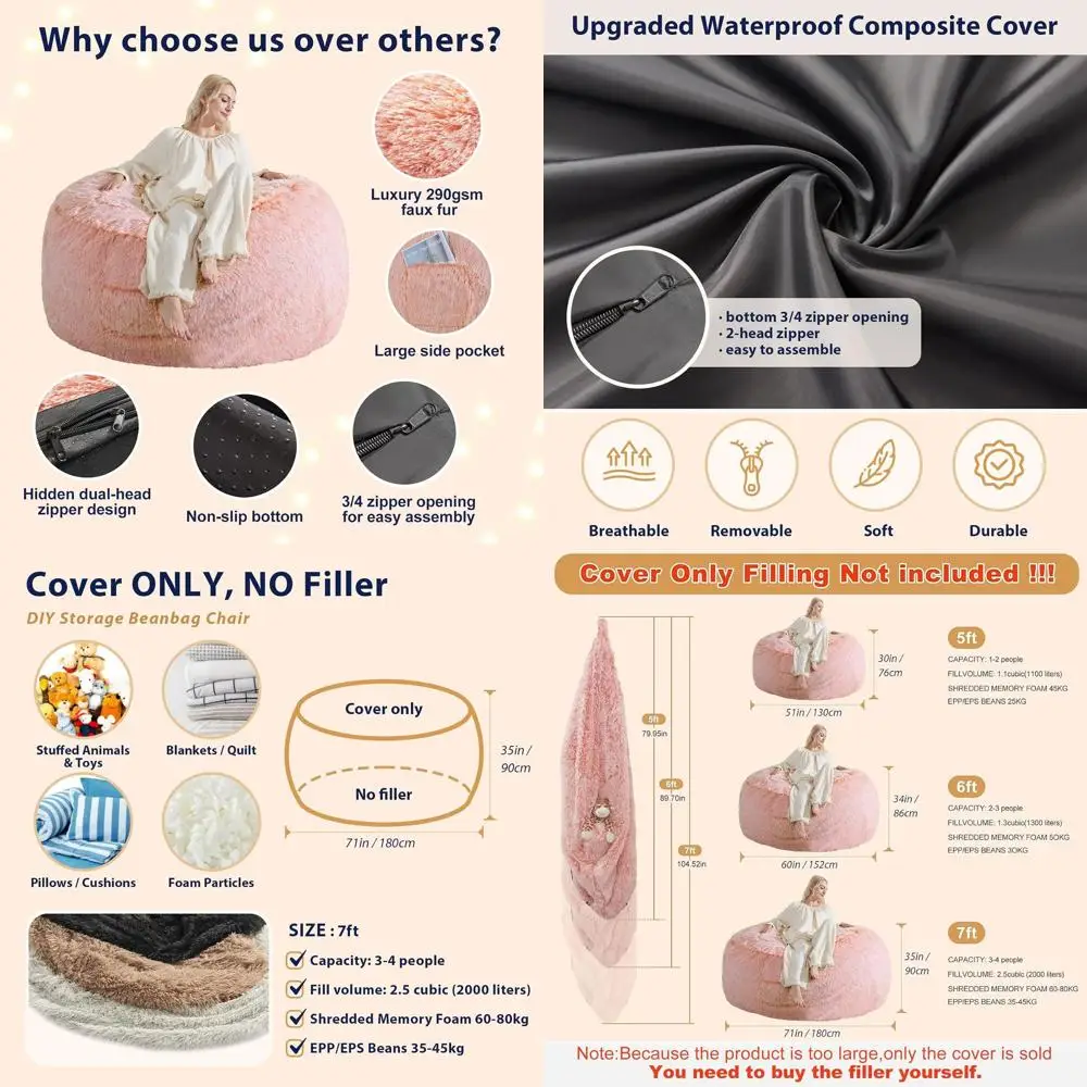 

Anti-Slip 7FT Orange Bean Bag Chair Cover for Adults, Teens, Kids Without Filler Included