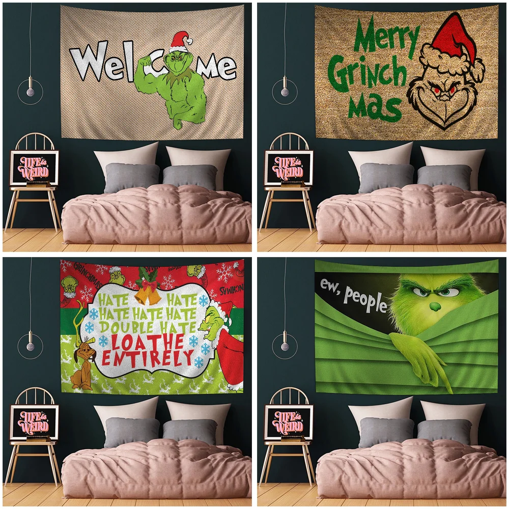 Welcome Grinch Merry Christmas Tree New Year Hanging Bohemian Tapestry Hanging Tarot Hippie Wall Rugs Dorm Home Decor