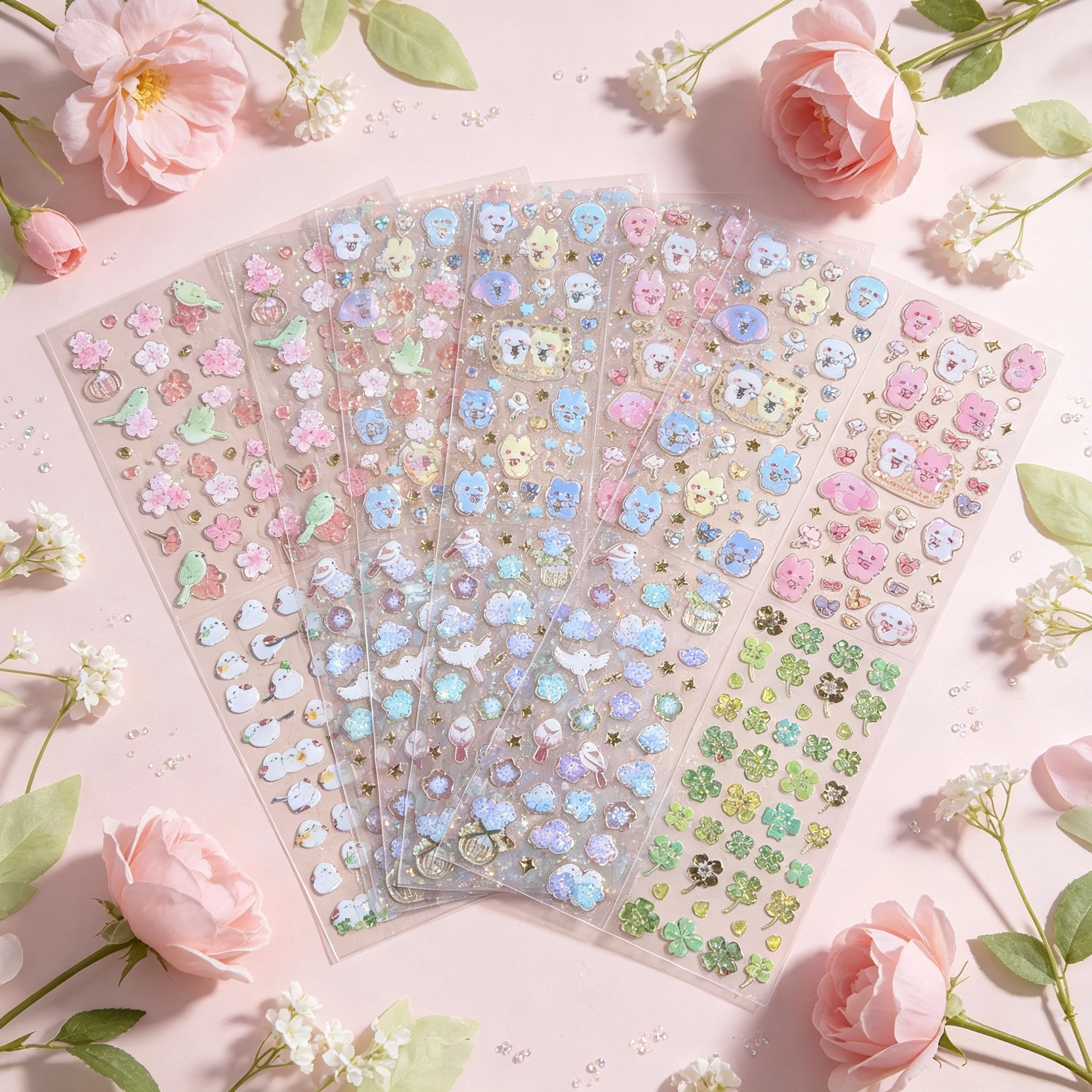 6 Sheets Japanese Style Epoxy Stickers, Holographic Dome Decals, Cute Floral Bird Animal Decor Stickers for Guka Journal DIY