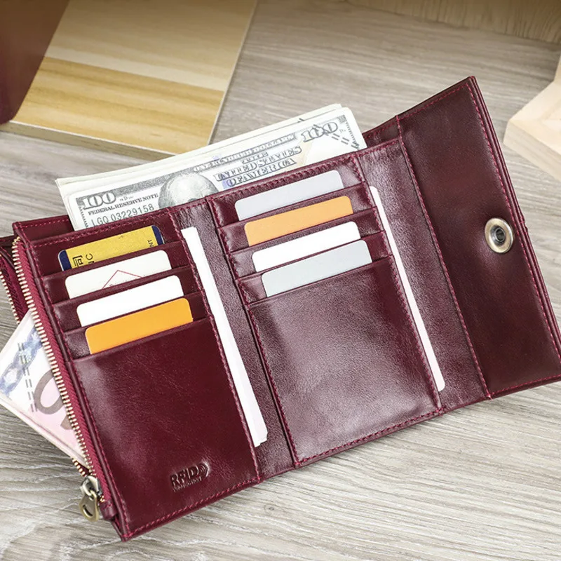 Fashionable British Style Head Anti Magnetic Triple Fold Functional Multi Card Position Genuine Leather Women's Wallets Handbags
