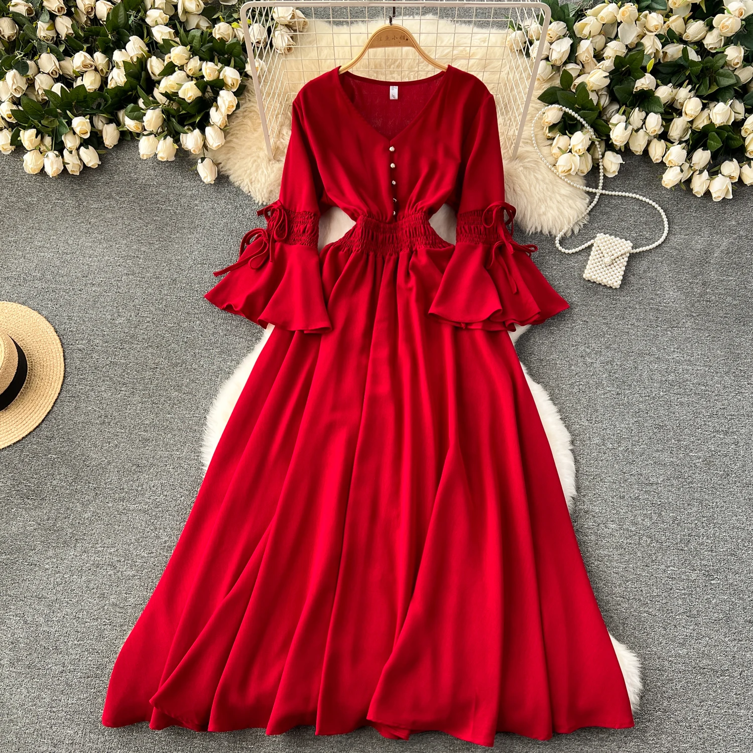 Vintage Elegant Pleated V-neck lare Sleeve Print Dress A-line Fashion Beach Spring summer Vestidos Women Belt sweet Dresses