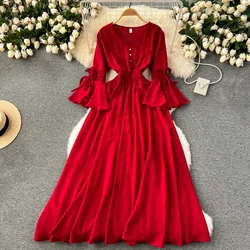 Vintage Elegant Pleated V-neck lare Sleeve Print Dress A-line Fashion Beach Spring summer Vestidos Women Belt sweet Dresses