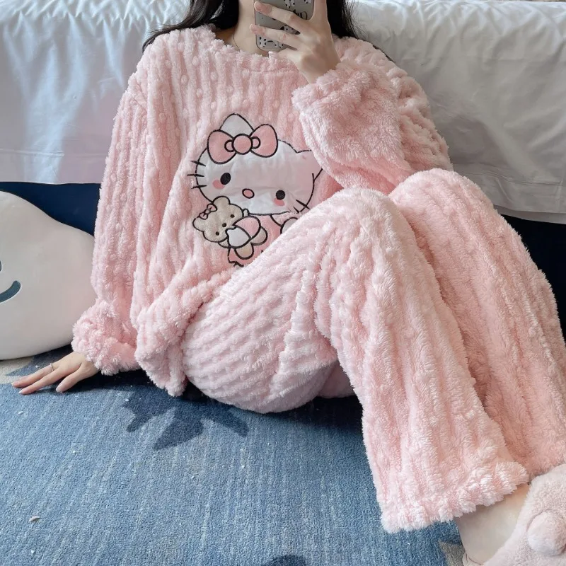 New Cartoon Hello Kitty Pajamas Cute Kawaii Sanrio Plus Velvet Home Winter Warm Tops and Pants Set Two-piece Pajamas Girl Gift