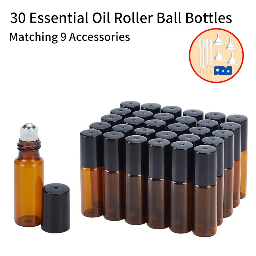 30pcs 9 Accessories 5ml Rollerball Glass Perfume Bottle with 30 Spray Bottles, 4 Funnels, 4 Droppers, 1 Bottle Opener