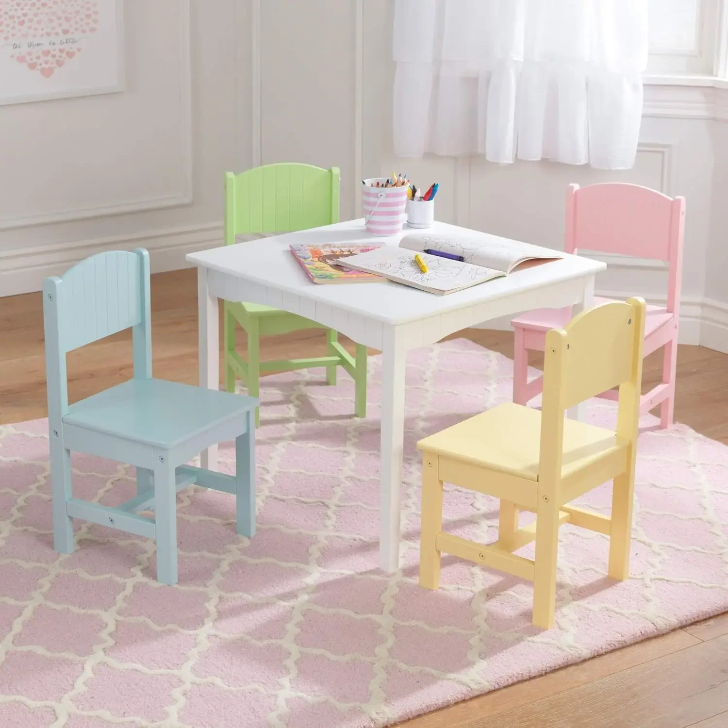 Nantucket Kid's Wooden Table & 4 Chairs Set with Wainscoting Detail, Pastel