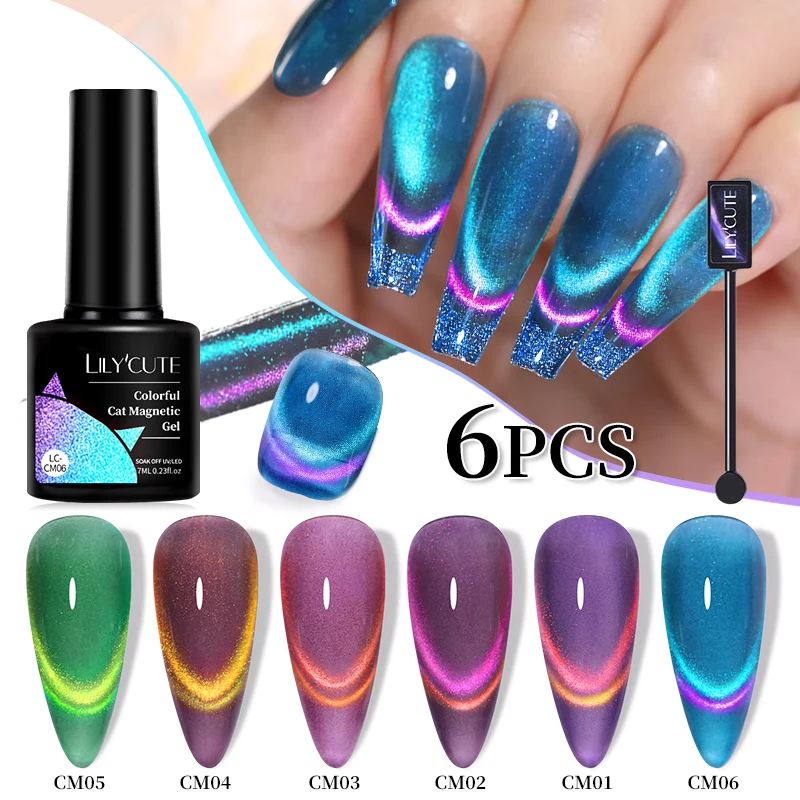 LILYCUTE 6PCS/SET 7ML Colorful Double Light Cat Magnetic Gel Nail Polish with Free Magnet 9D Glitter Rainbow Laser Nail Art Kit