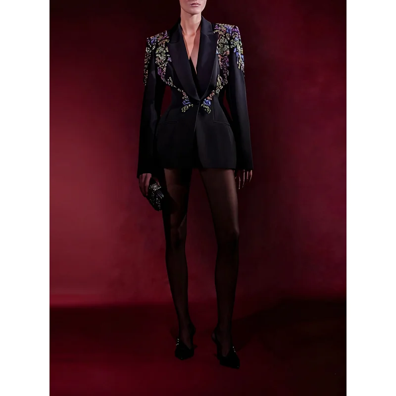 Black Heavy Industry Colorful Beaded Blazer2025Autumn New Retro Women's Waist-Cinching Stage Performance Outfit