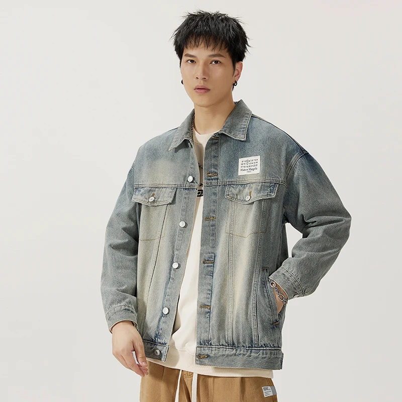 

American vintage washed denim jacket men's loose large size autumn fashion brand casual cargo coat top
