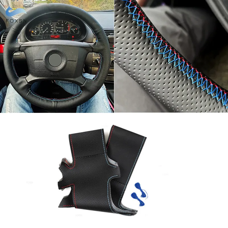 For BMW E36 E39 E46 X3 E83 X5 E53 Steering Wheel Cover Hand Stitched Black-red blue line Perforated Leather w/ Needles & Threads