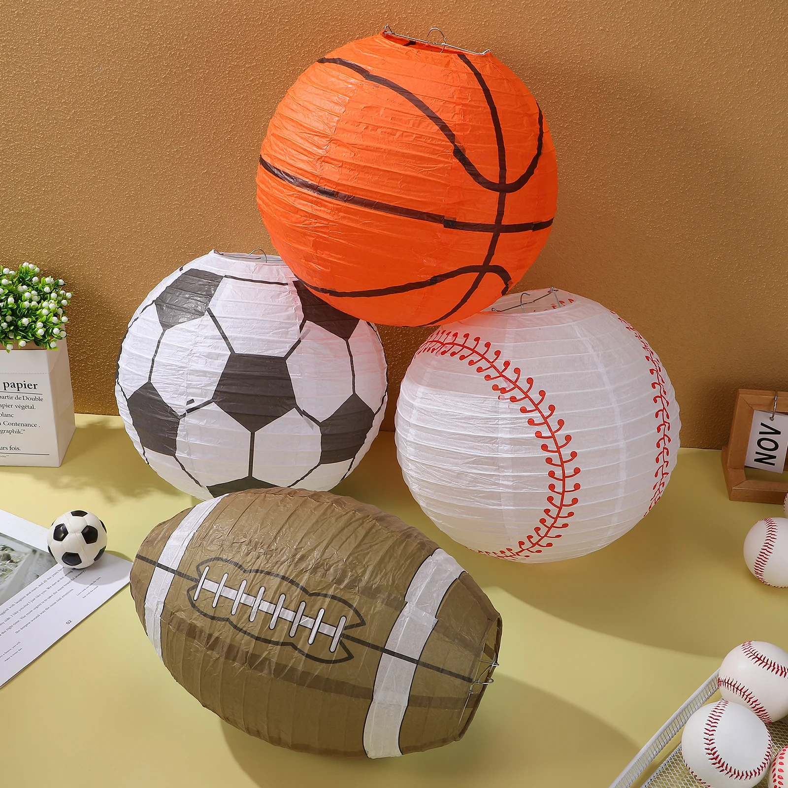 

4pcs Sports Theme Party Hanging Lanterns Ball Game Paper Lantern Decorations For Birthday Festival Durable Iron Frame Creative