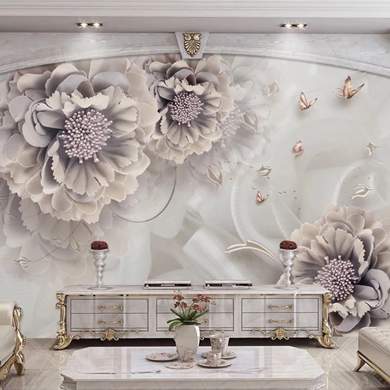 Custom 3D Self Adhesive Wallpaper Peony Flower Butterfly Jewelry Relief Mural Living room sofa TV background bedroom restaurant
