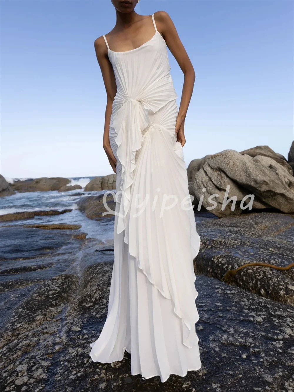 White Fashion Sizes Available Jersey Draped Ruched Mermaid Square Neck Floor-Length Evening Dresses Party Gowns Customized