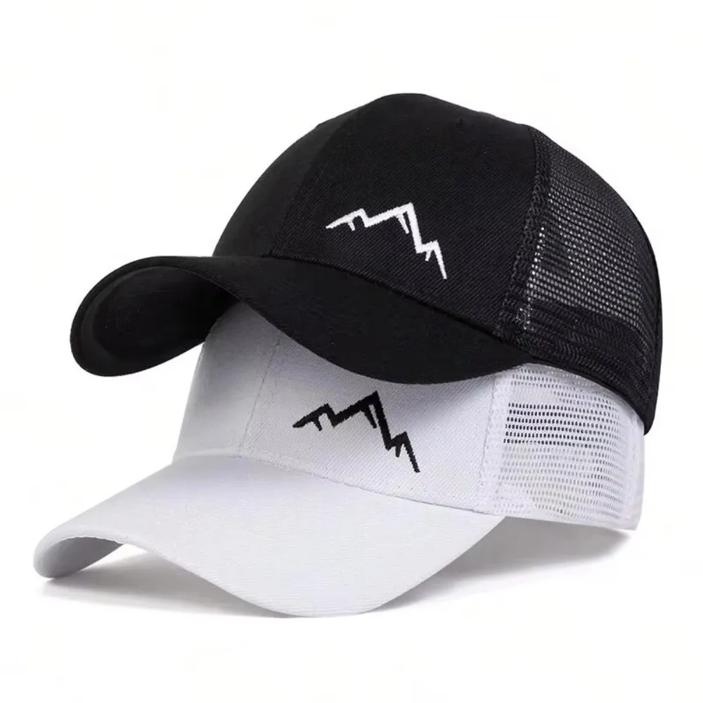 Unisex Mountain Range Embroidery Mesh Baseball Cap Wide Brim Breathable Peaked Cap Adjustable Sunscreen Hat Outdoor Sports
