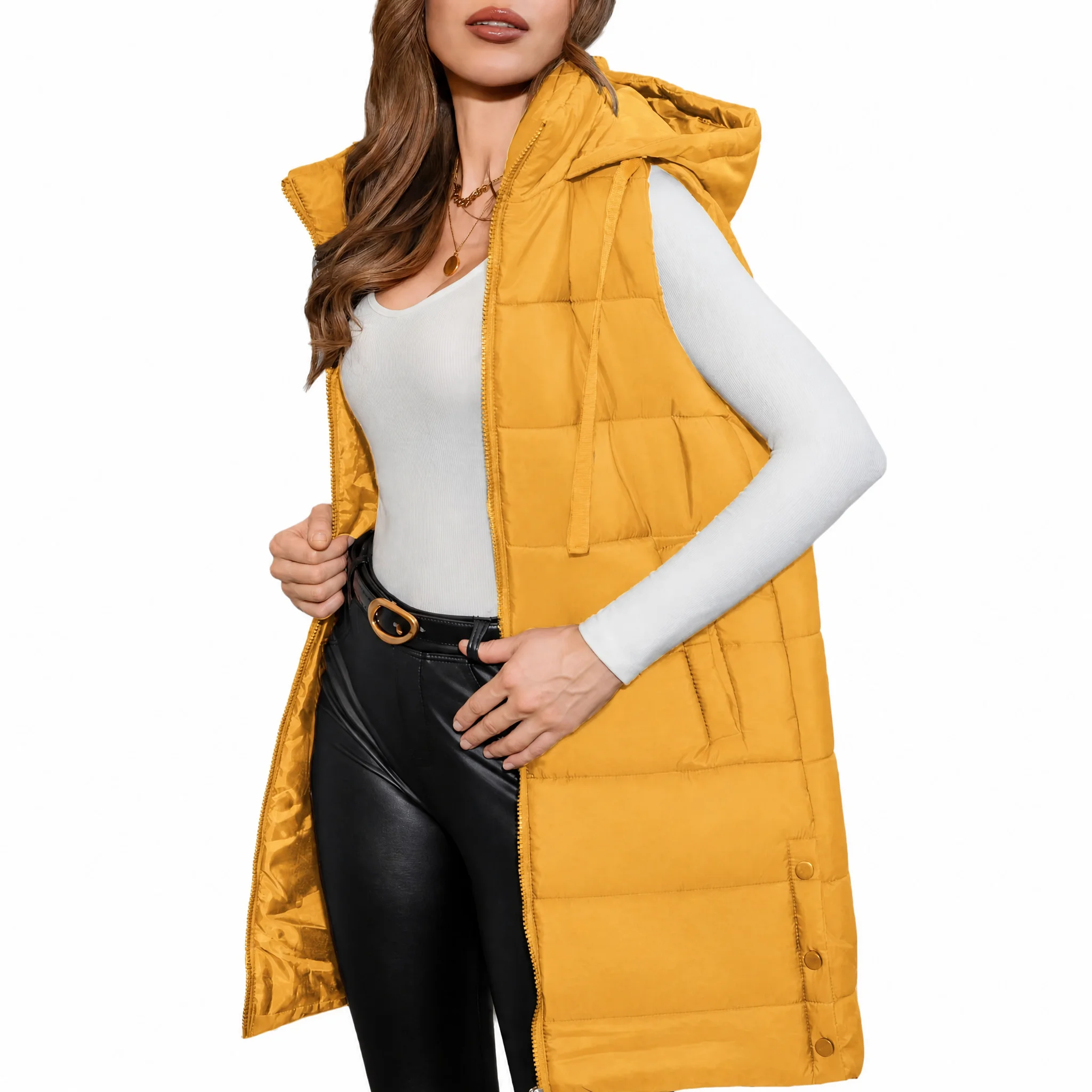 Women's Mid Length Hooded Cotton Padded Vest Sleeveless Puffer Gilet Zip Up Casual Warm Quilted Waistcoat Autumn Winter Outerwe