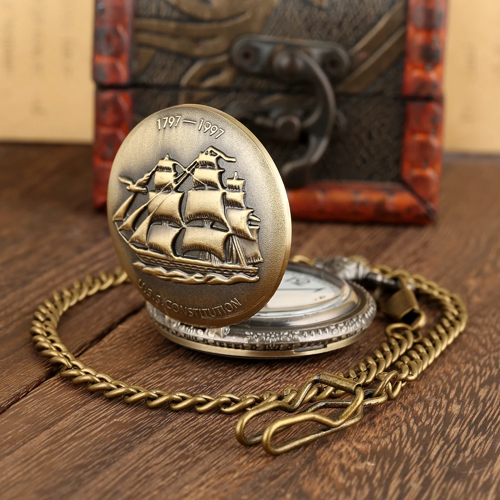 Steampunk U.S.S Constitution 1797-1997 Quartz Pocket Watch Sailing Canvas Boat Necklace Pendant Bronze Pocket Timepiece Gift