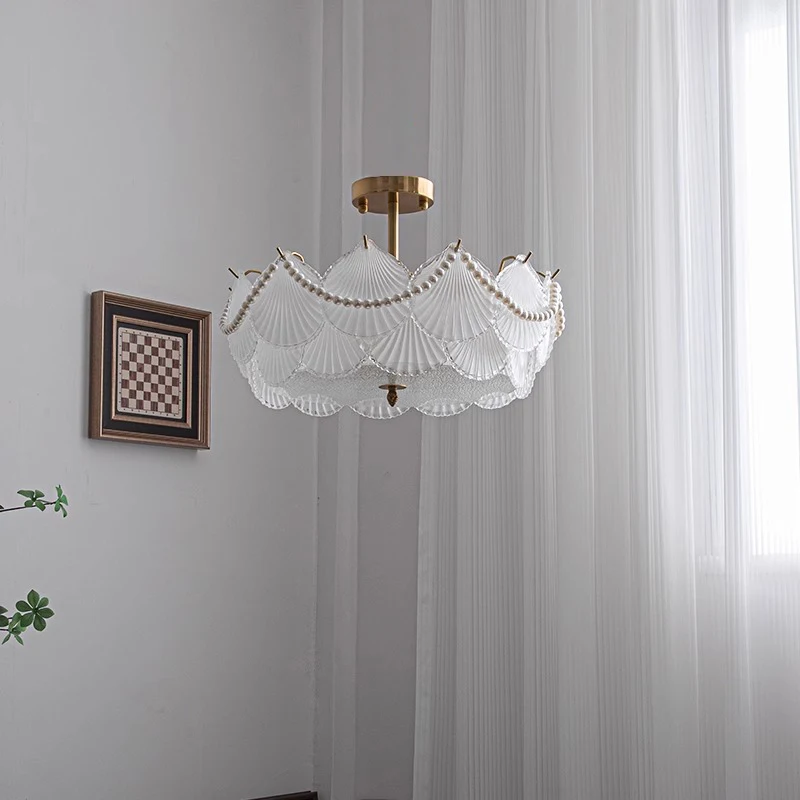 الفرنسية قذيفة الزجاج LED أضواء السقف غرفة المعيشة مطعم فندق غرفة نوم الأبيض اللؤلؤ زخرفة جو مصابيح معلقة تركيبات