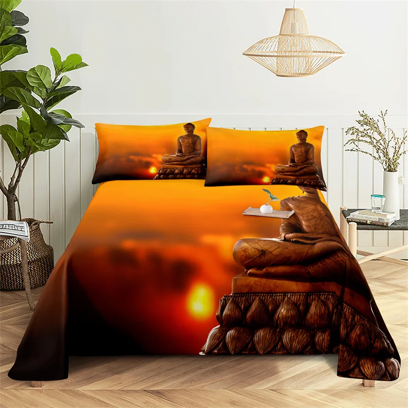 Buddha Statue Bedding Digital Printing Polyester Bed Flat Sheet with Pillowcase Print Bedding Set