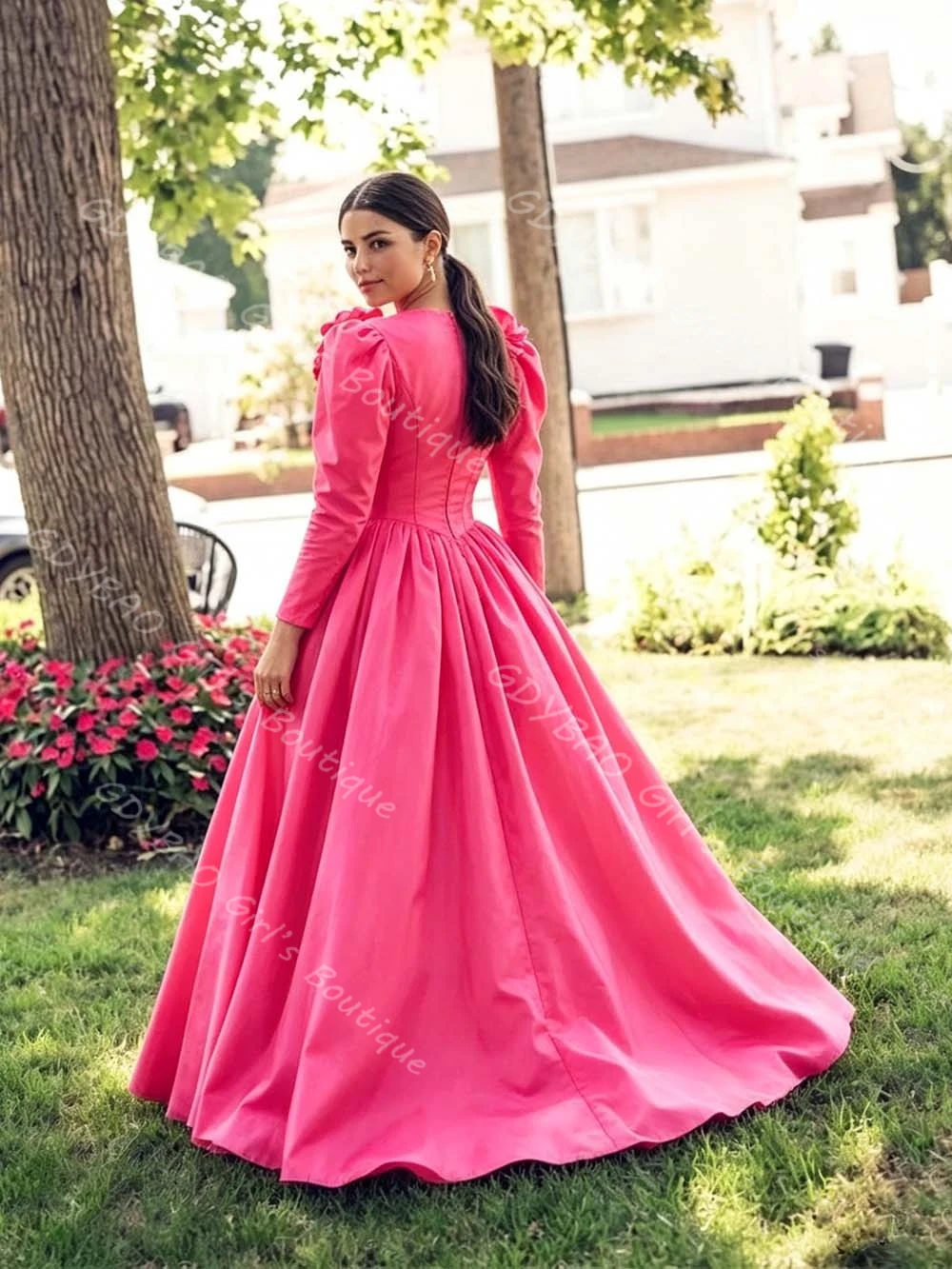 

Elegant A-line Prom Dress for Women Round Neck Full Sleeves Evening Gown with 3D Flowers Floor-Length Satin Formal Dress Custom