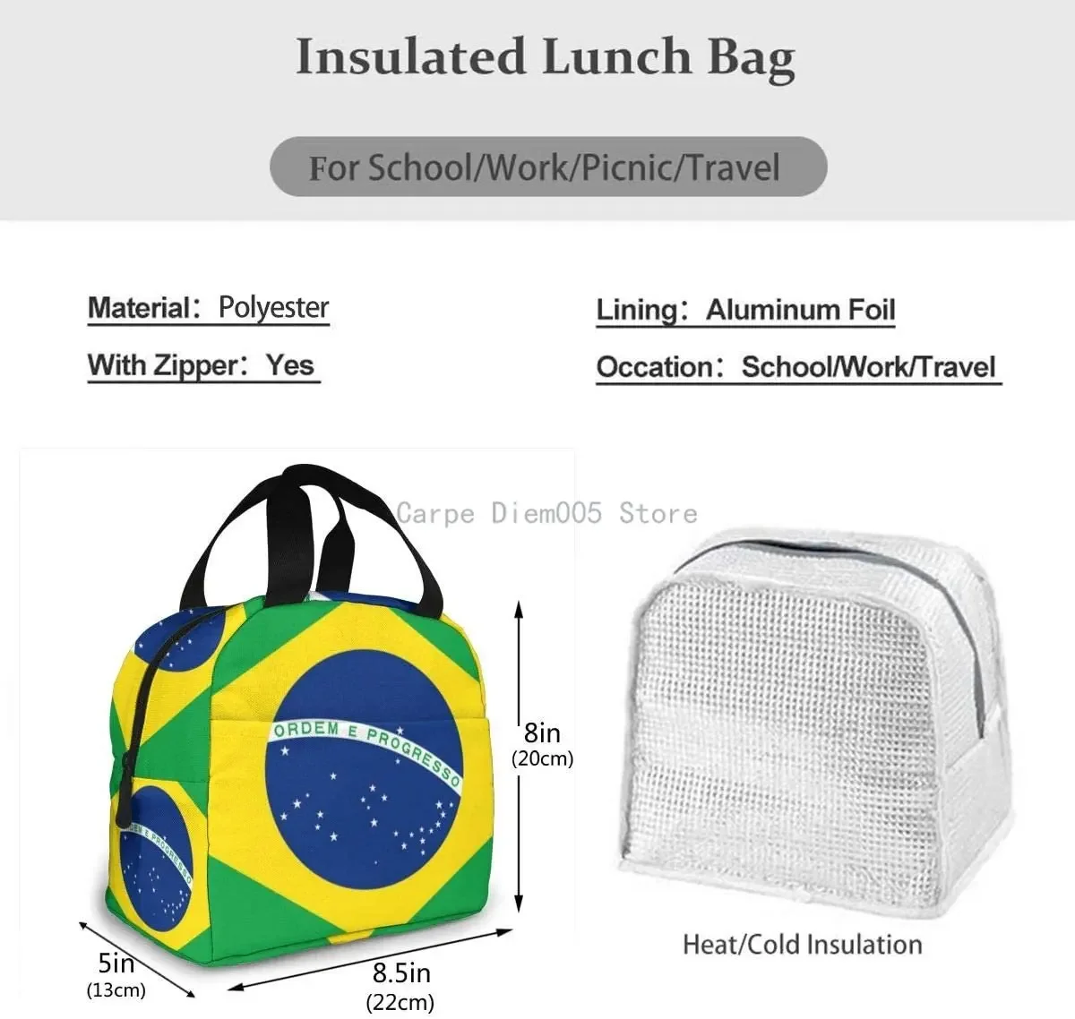 Lunch bag  Brazil Flag Portable Insulated Lunch Bag