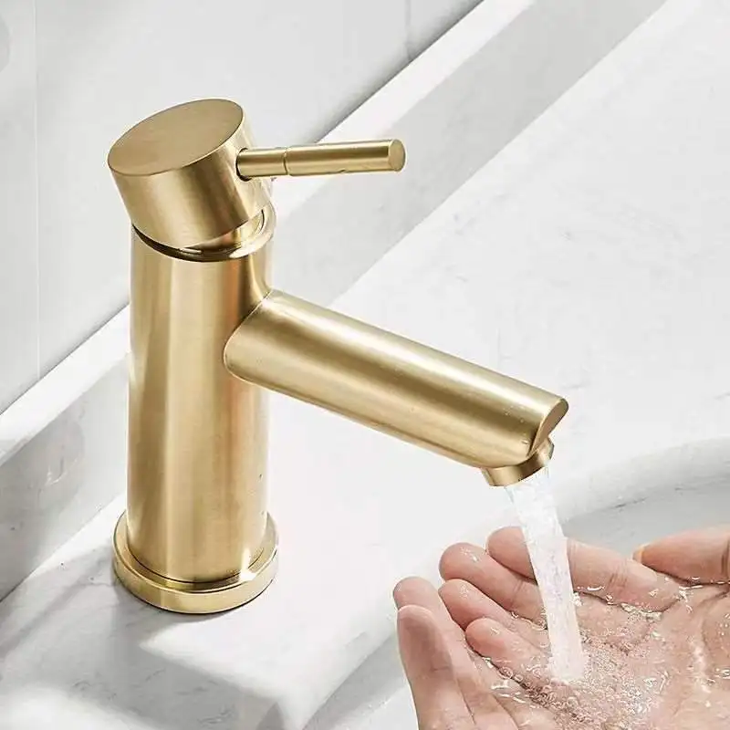 Bathroom Brushed Gold Sink Faucet Deck Mounted Vessel Bowl Water Tap Handle Stainless Steel Vanity Mixer Robinet Salle De Bain