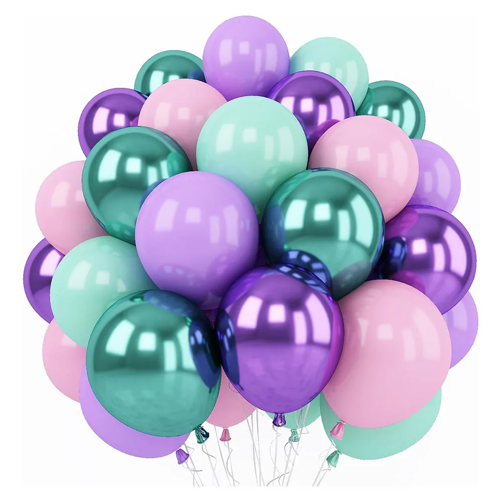 

60pcs Mermaid Party Balloons Set 10inch Metallic Purple Green Blue Latex Balloons for Girls Mermaid Birthday Party Decorations