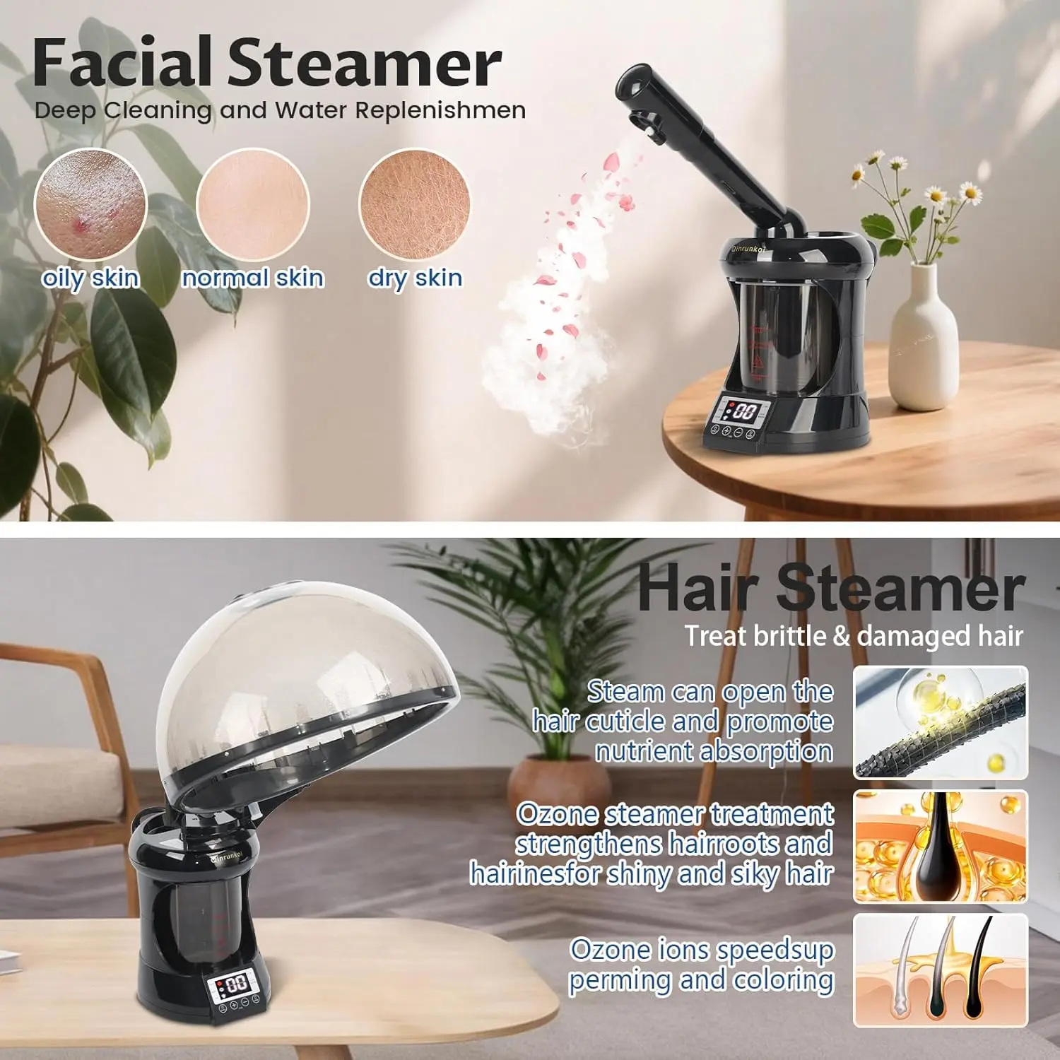 2-In-1 Ozone Hair Hood Steamer Facial Steamer, Digital Timer Portable Home Salon Hair Nourishing & Skin Care Steam Machine