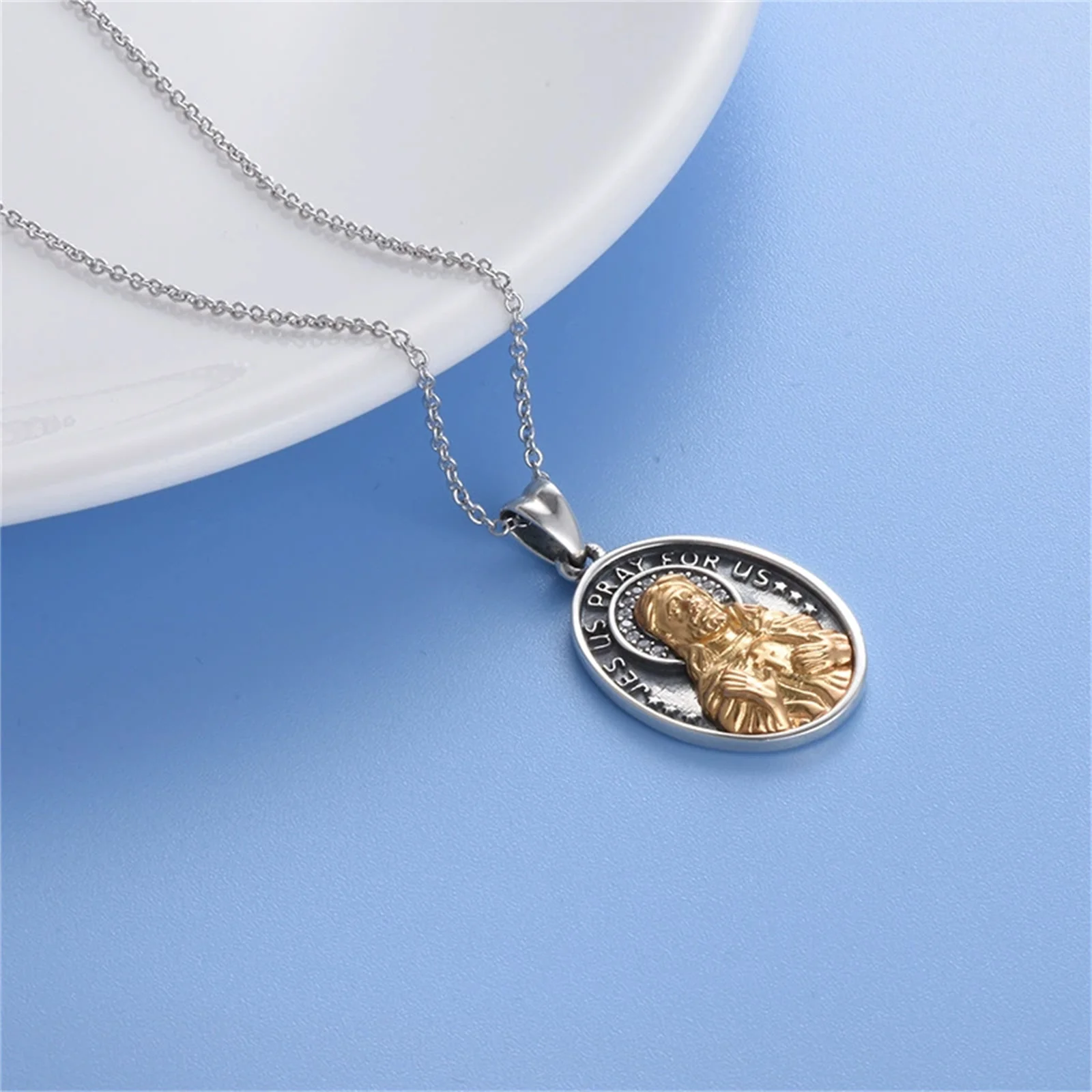 Christ Head Medal Sterling Silver 925 Jesus Pray for Us Pendant Necklace Religious Jewelry for Men Women