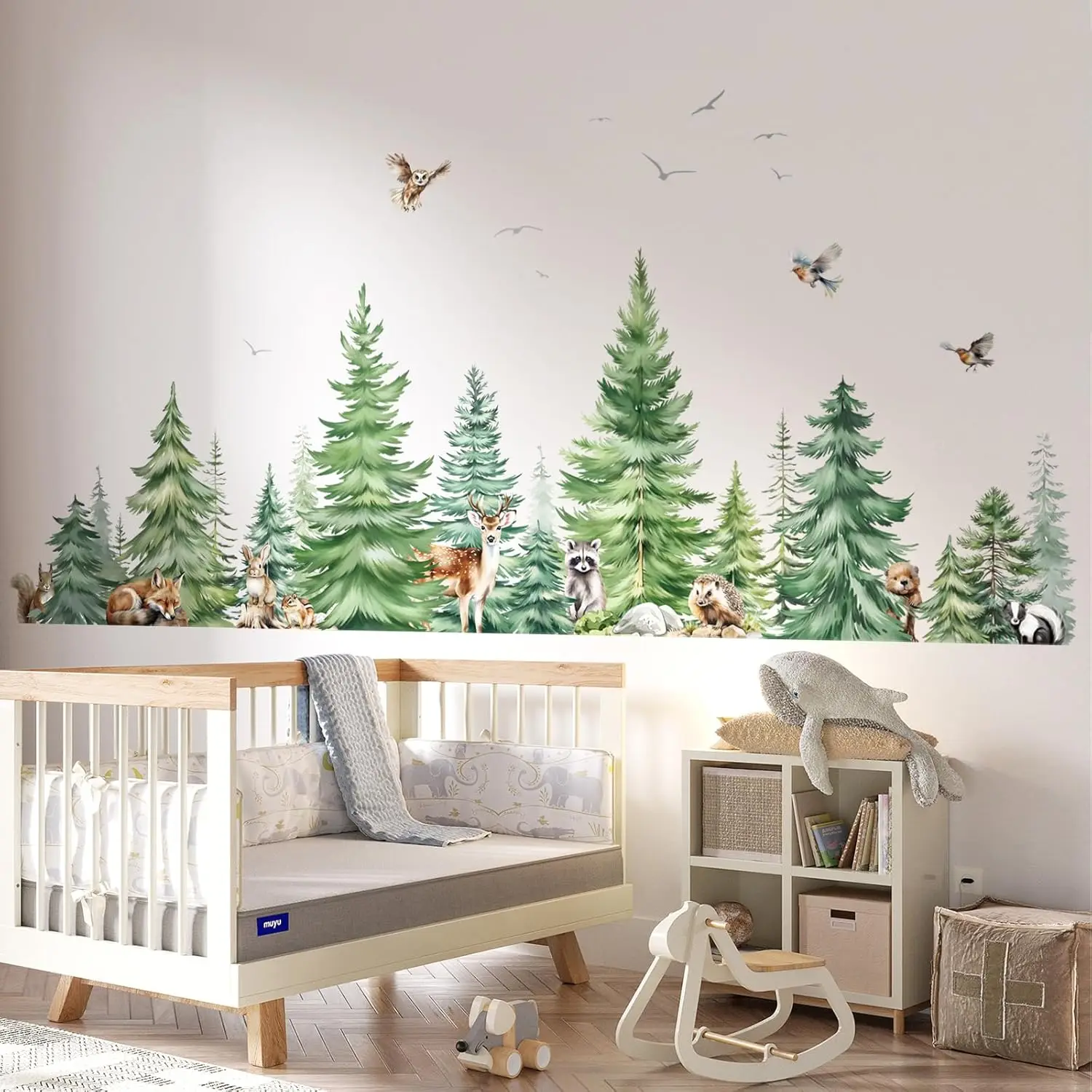 Large Watercolor Pine Tree Animals Wall Stickers Kids Room Bedroom Woodland Forest Tree Fox Deer Bear Wall Decals Baby Nursery