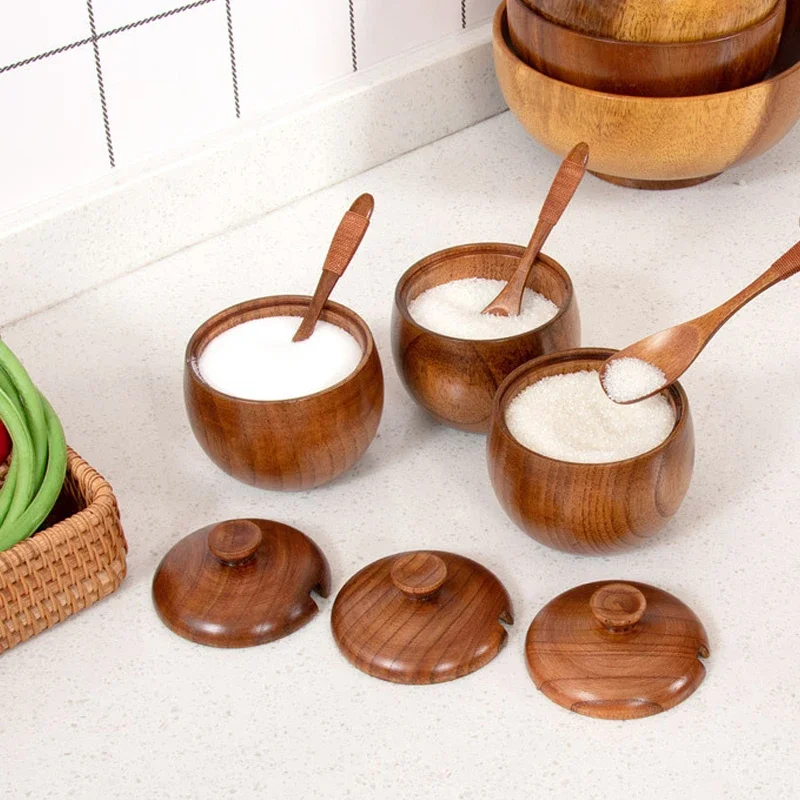 

Wooden Salt Cellar Sugar Pepper Box with Lid and Spoon Spice Seasoning Container Storage Spice Jars Kitchen