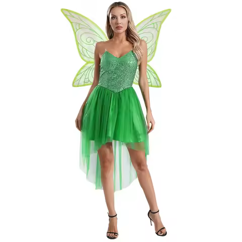 Halloween Green Princess Dress Forest Tinker Costumes Bell Dress with Fairy Tale Wings for Women Carnival Roleplay Dress Up